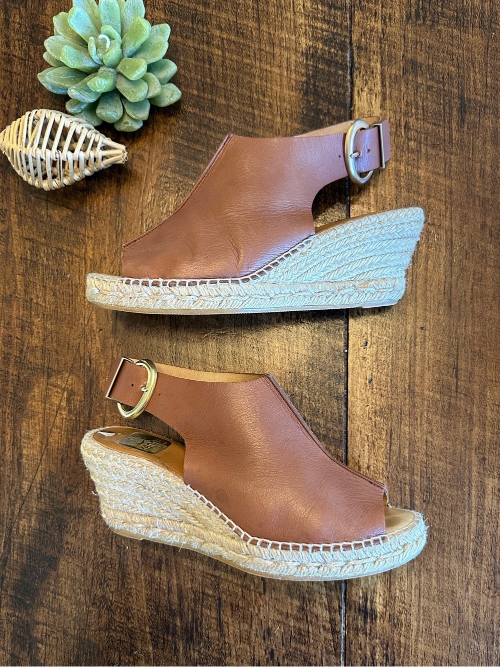 KANNA Spain | Brown Leather Espadrille Wedge Buckle Slingback Sandals, Size 38